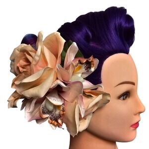 Floral Hair Clip Peach Rose Orchid Flower‎ Headpiece Wedding Tiki Pinup Prom
